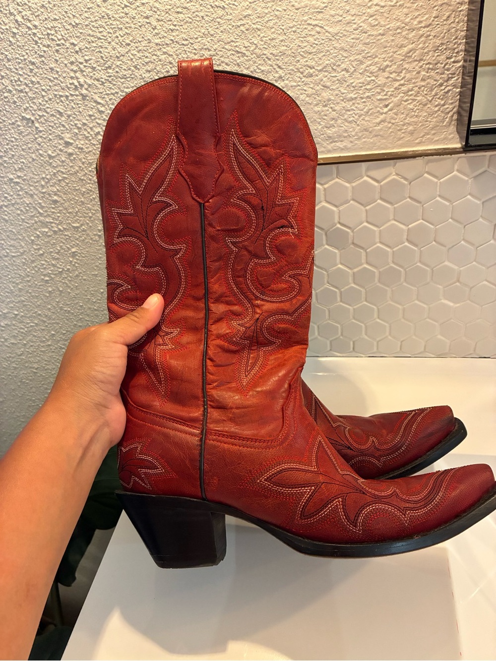 Nordstrom Corral Boots Red Leather with White Stitch Western Cowboy Boots Womens